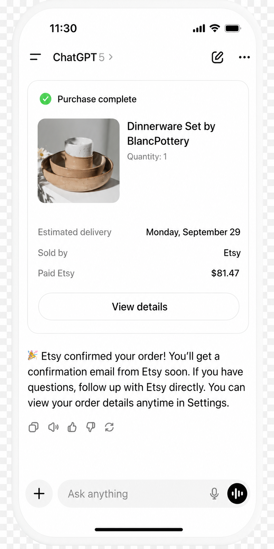 ChatGPT interface showing a product purchase card for dinnerware